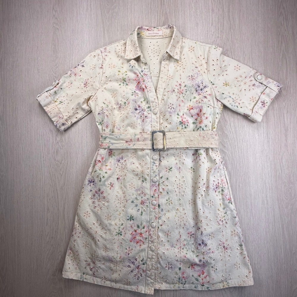 Solitaire Floral Eyelet Dress Belted Button Front Cottagecore Prairie Boho